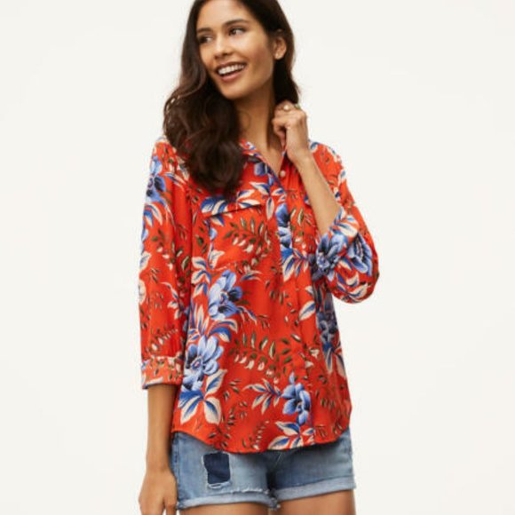 NWT Ann Taylor Loft Petite Floral Utility Blouse - Picture 1 of 3